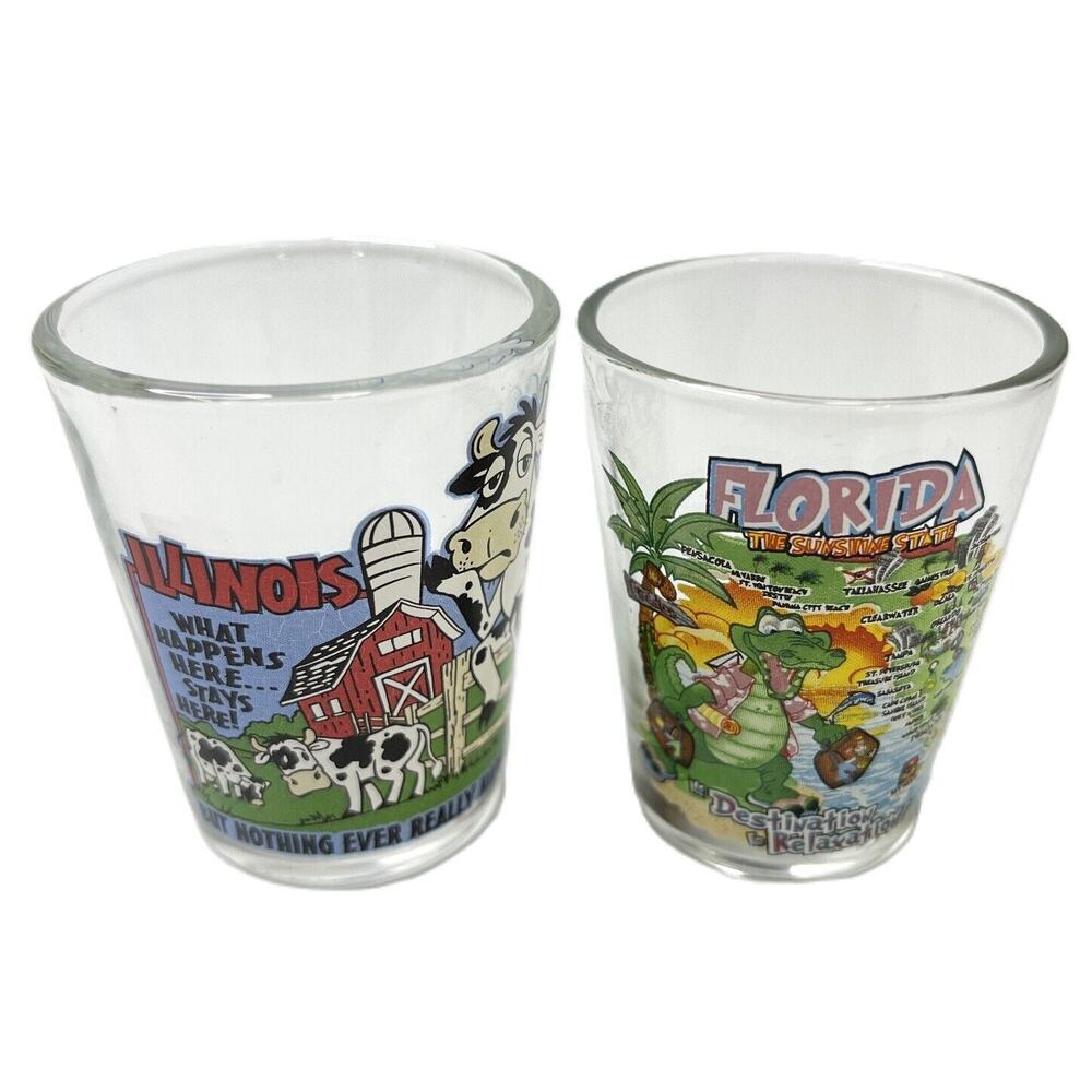 Lot of 2 Shot Glass Florida Sunshine State Illinois What Happens Here Stays Here
